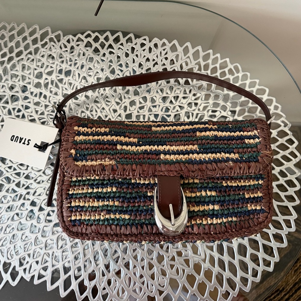 Staud Harlow Woven Multicolor Shoulder Bag with Brown Trim & Silver Buckle NWT - Picture 15 of 16